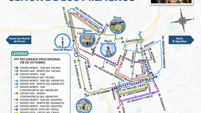 Mapa de los desvíos en calles de Lima por las procesiones del Señor de los Milagros.