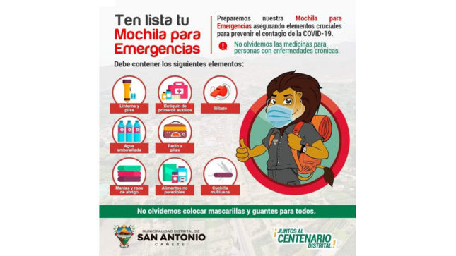 ¡Vecinos mantengamos la calma ante cualquier sismo!
¡Es mejor prevenir! Tener a la mano su mochila de emergencia.