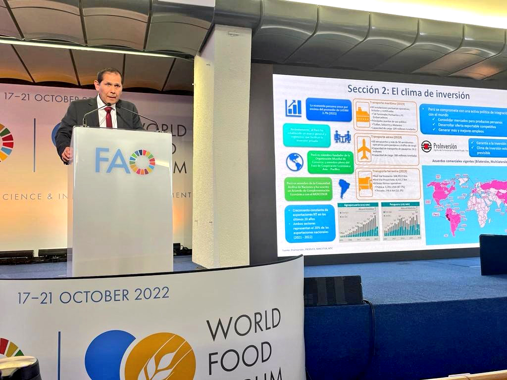 Imagen delk ministro Jorge Luis Prado en el Foro de Inversiones de la Iniciativa Mano de la Mano de la Organización de las Naciones Unidas para la Alimentación y la Agricultura (FAO)