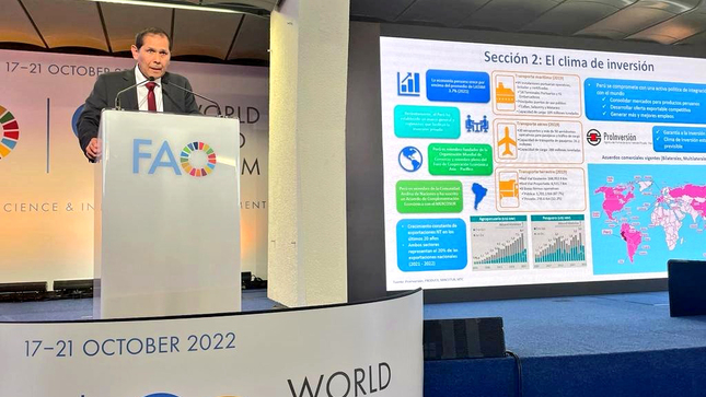Imagen delk ministro Jorge Luis Prado en el Foro de Inversiones de la Iniciativa Mano de la Mano de la Organización de las Naciones Unidas para la Alimentación y la Agricultura (FAO)
