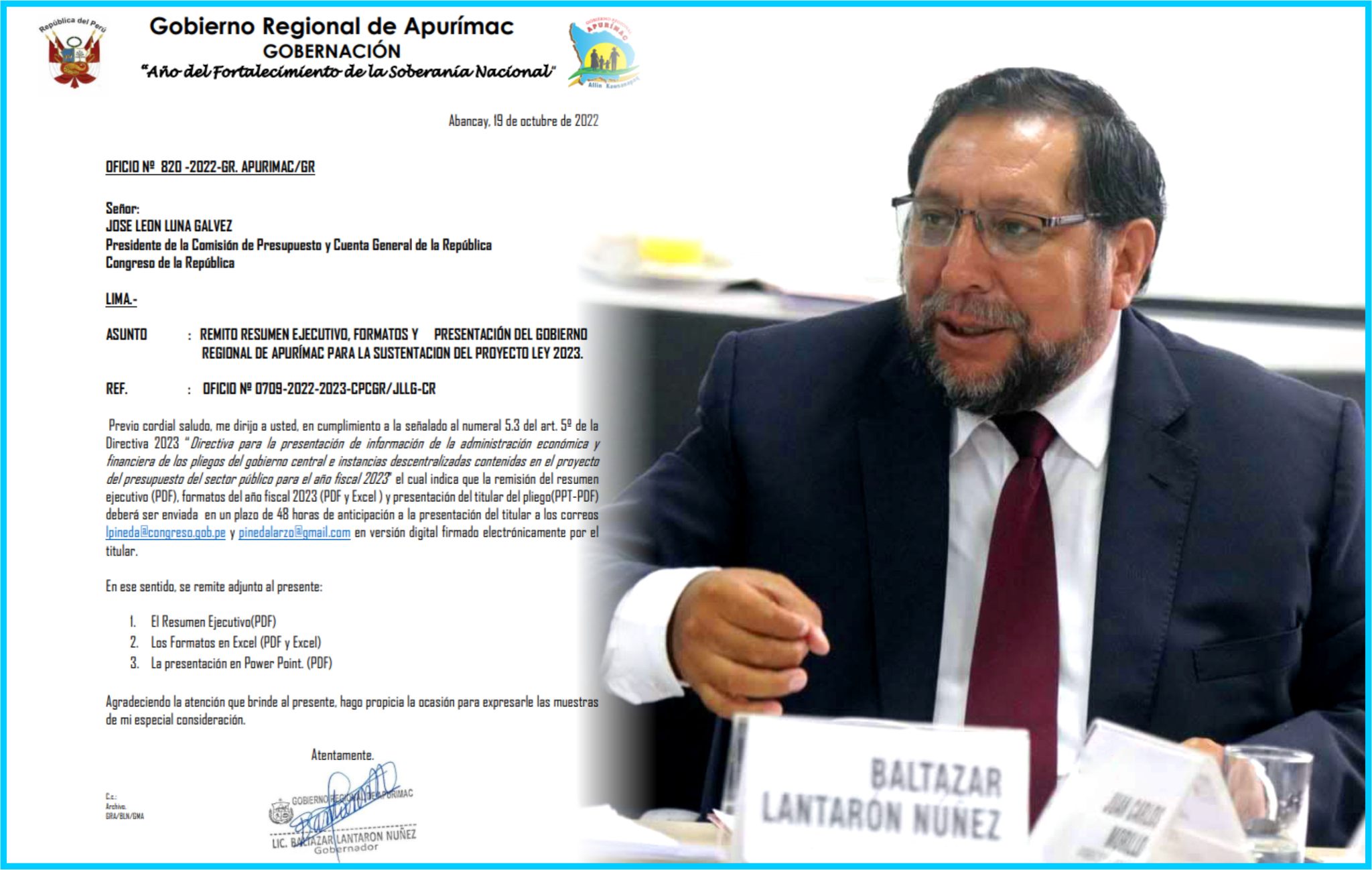 Gobernador Regional con el Oficio dirigido al presidente de la Comisón de Presupuesto