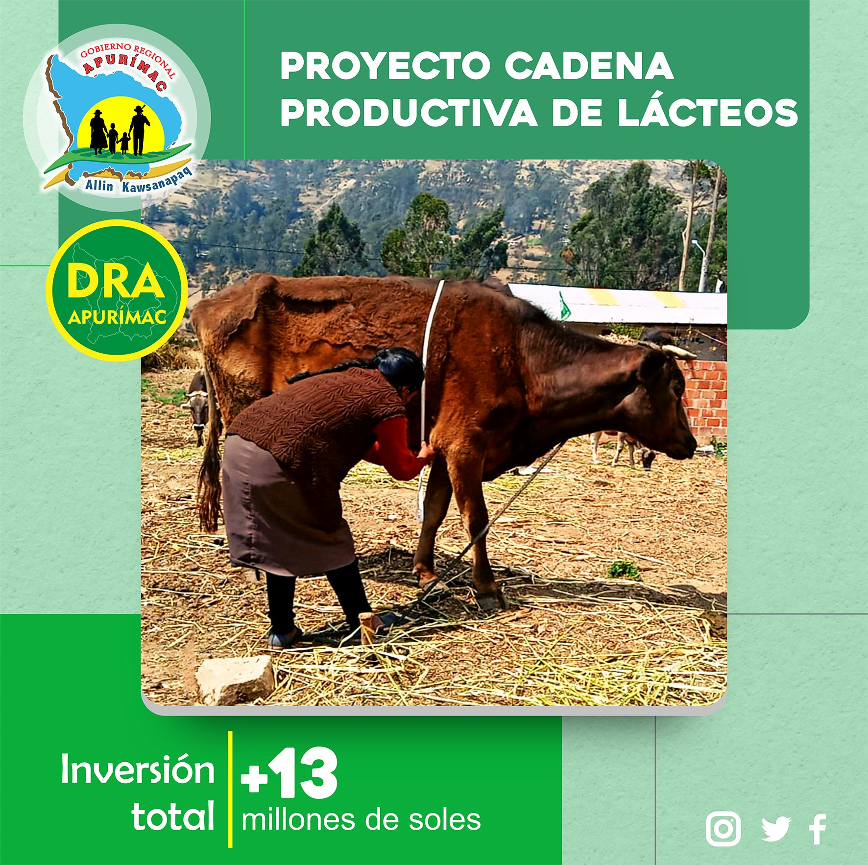 Flyer con datos de la inversión total del proyecto Cadena Productiva de Lácteos: más de 13 millones soles