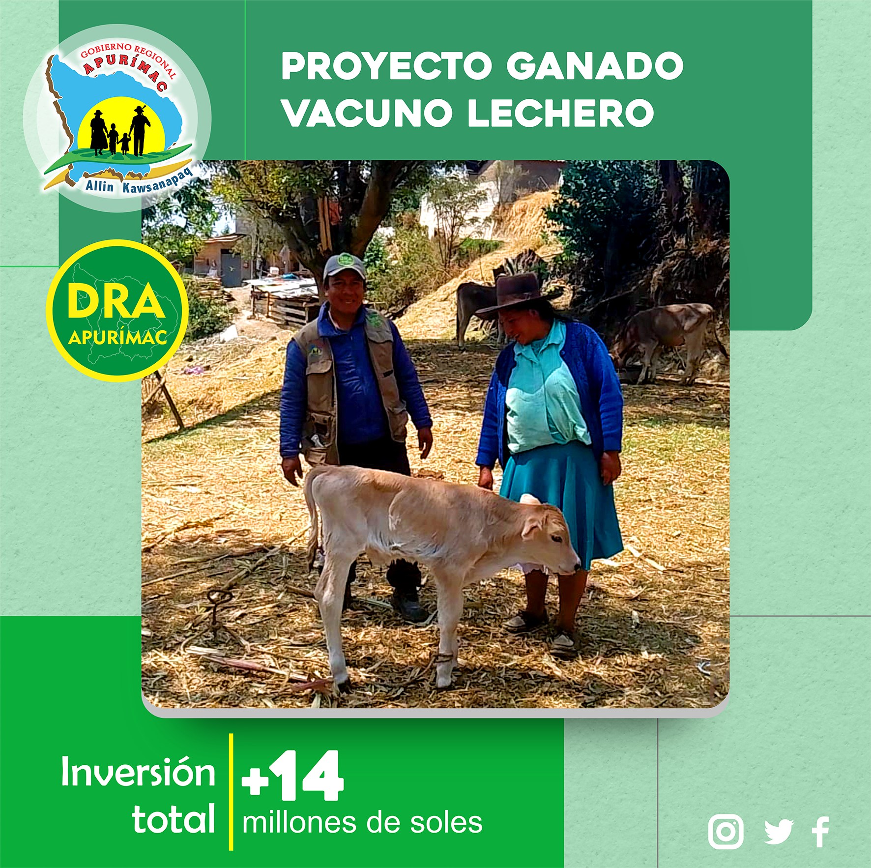 Flyer con datos de la inversión total del proyecto Ganado Vacuno Lechero, con más de 14 millones de soles