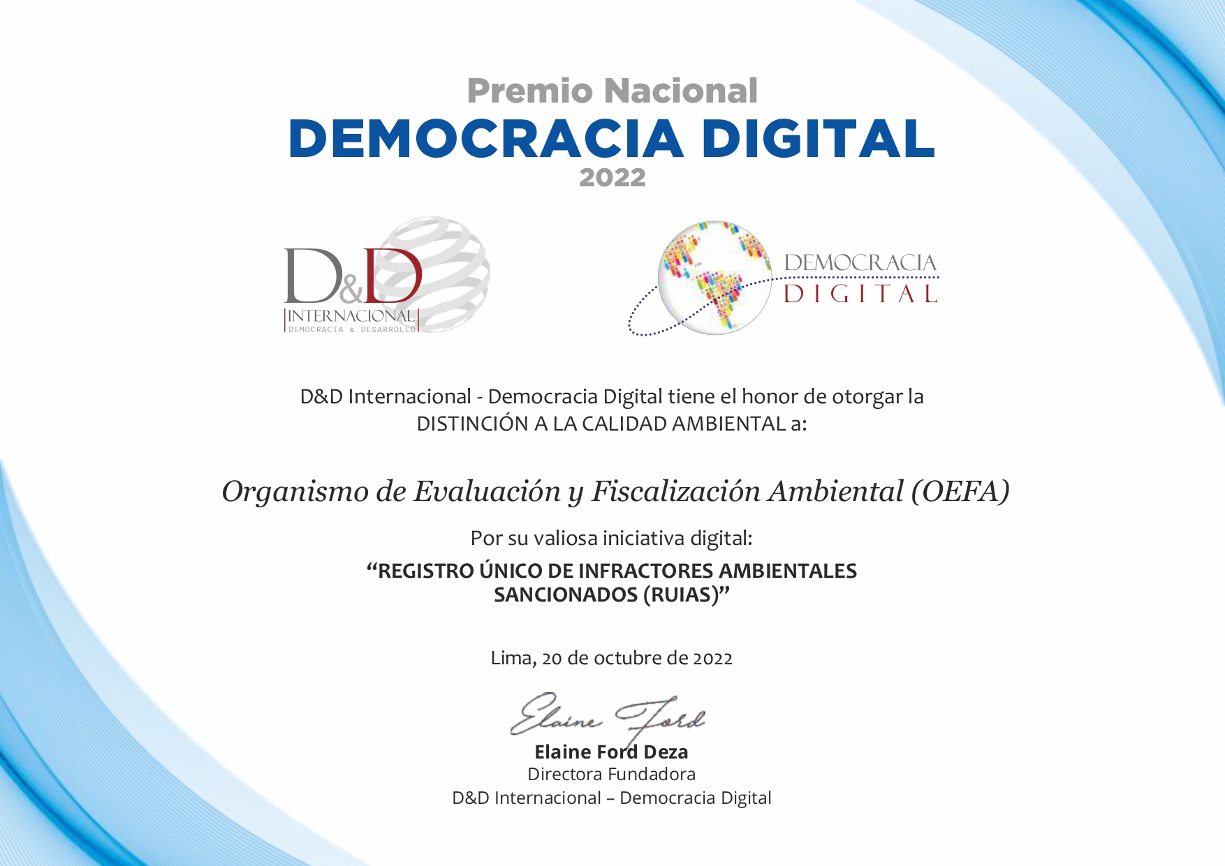 El OEFA recibe distinción a la calidad ambiental en el Premio Nacional Democracia Digital 2022