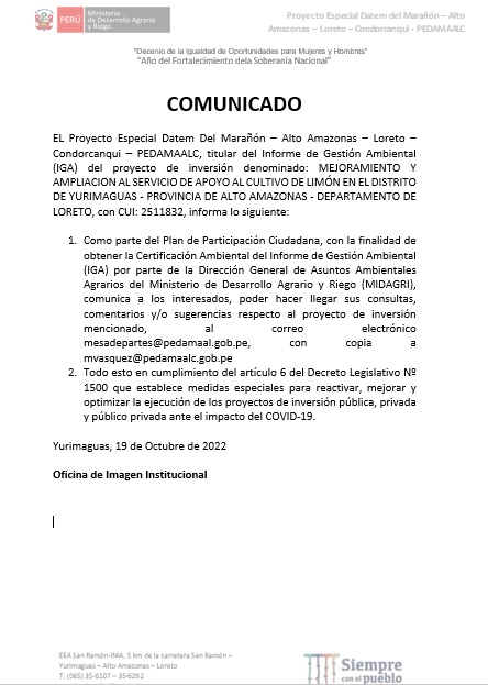 Como parte del Plan de Participación Ciudadana, con la finalidad de obtener la Certificación Ambiental del Informe de Gestión Ambiental (IGA