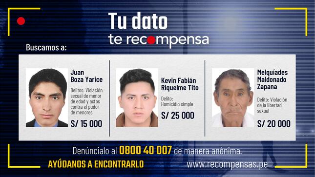 Arequipa: tres prófugos acusados de violación y homicidio son incluidos en la lista de los más buscados