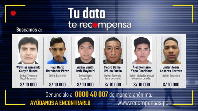 Mininter ofrece S/ 10 000 de recompensa por información que ayude a la captura de cada uno de ellos.