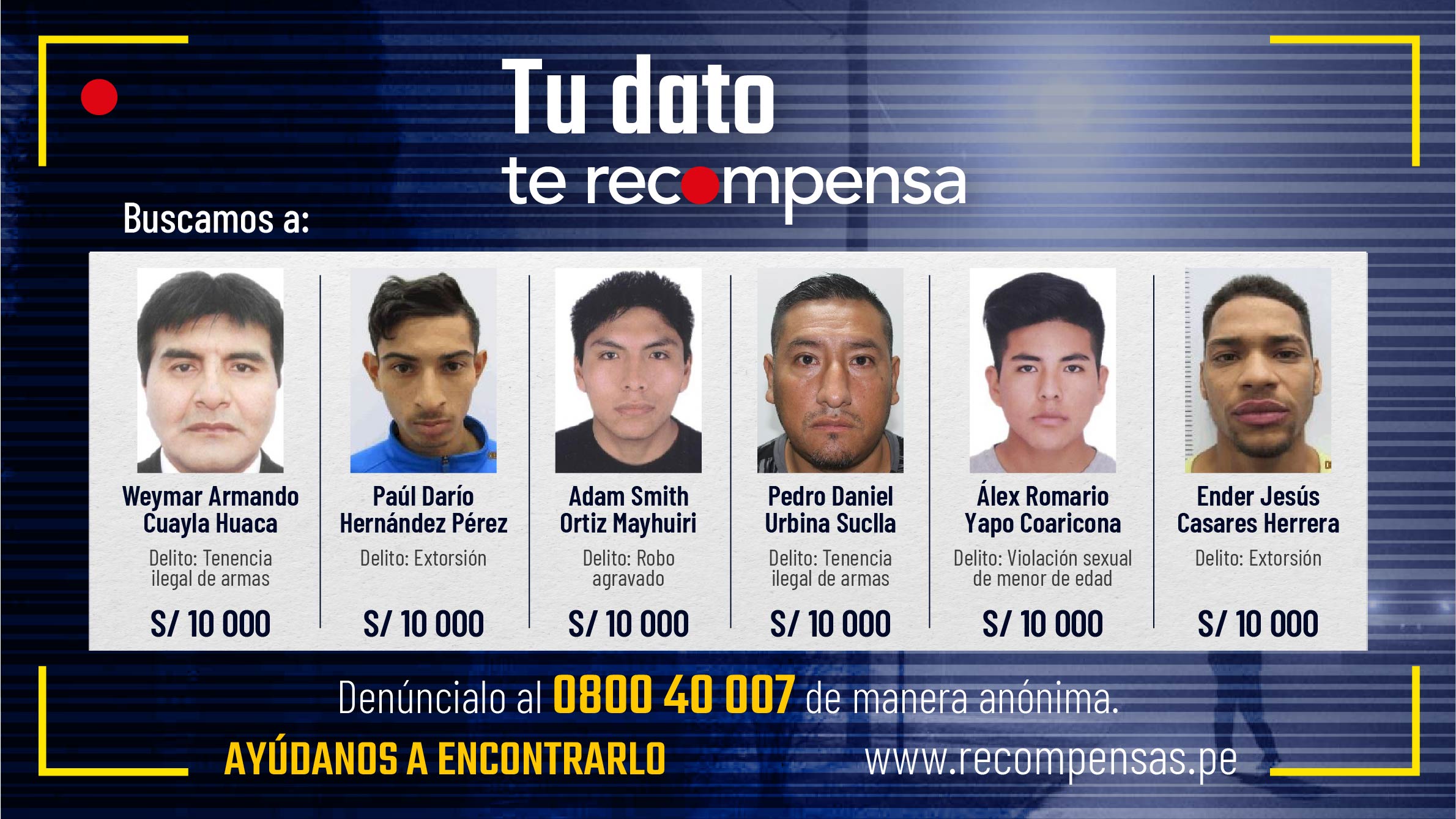 Mininter ofrece S/ 10 000 de recompensa por información que ayude a la captura de cada uno de ellos.