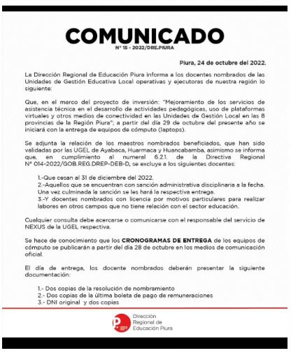 Sobre la entrega de laptop
https://m.facebook.com/story.php?story_fbid=pfbid0Xuiq9Se1Ek6yb8chQifqj9wpy4JhdkjeooASPYnAALa3AqqdD7TMtsV2fixUiaThl&id=100057645061838.