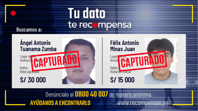 Dos nuevos prófugos de la justicia que estaban incluidos en la lista de los más buscados fueron capturados gracias a la información proporcionada por ciudadanos colaboradores al Programa de Recompensas del Ministerio del Interior (Mininter).

El primero de ellos es un sujeto procesado por el delito de violación sexual en agravio de un menor de edad. Se trata de Félix Antonio Minas Juan, quien fue intervenido en Lima por agentes de la Policía Nacional del Perú (PNP), cuando transitaba por el jirón Las Dalias Manzana B, Lote 5, en el distrito de Carabayllo.

Esta persona presentaba una requisitoria de la Sala Mixta de Huari – Áncash, y el Mininter otorgaba un beneficio económico de S/ 15 000 a cambio de datos relevantes que permitieran su ubicación y captura.

Mientras que Ángel Antonio Tuanama Zumba, quien era buscado por el delito de robo agravado, fue detenido cuando se trasladaba a bordo de un vehículo por la intersección de las avenidas Abraham Valdelomar y Las Américas, en el distrito y provincia de Pisco, región Ica.

Se ofrecía una recompensa de S/ 30 000 por información que ayude a la Policía Nacional a capturarlo. Este sujeto era requerido por el Cuarto Juzgado de Investigación Preparatoria de Huánuco.

Cabe mencionar que, junto a Tuanama Zumba, también cayó Manuel Jesús Aquije Belleza, quien presentaba una requisitoria del Segundo Juzgado Penal Unipersonal de Huánuco por el delito de robo agravado.

Cualquier ciudadano puede ayudar a que más prófugos de la justicia estén tras las rejas, proporcionando información importante sobre sus paraderos, llamando a la línea telefónica 0800 40 007. El Mininter asegura que las denuncias serán de manera  anónima, gratuita y confidencial

Para conocer los rostros de todos los requisitoriados que están incluidos en esta nómina, la ciudadanía puede ingresar a www.recompensas.pe


