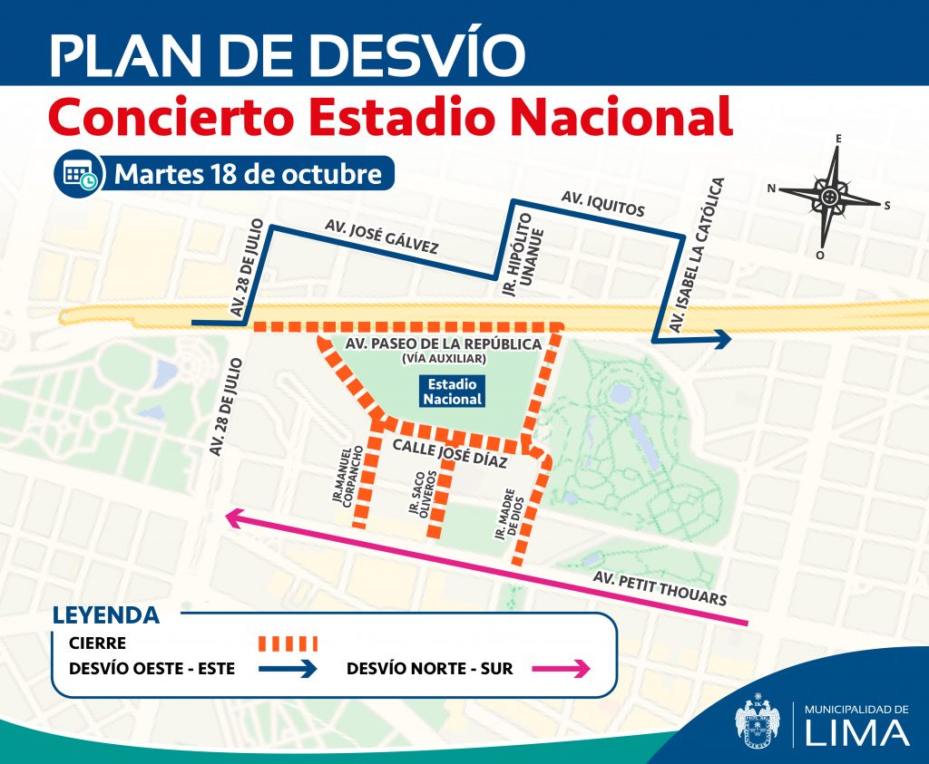 Mapa de desvíos por conciertos cerca del Estadio Nacional.