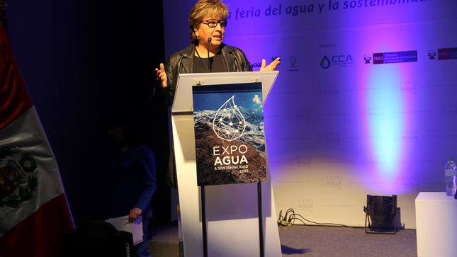 Exposición de la jefa del OSINFOR, Lucetty Ullilen, en la Expo Agua & Sostenibilidad 2022.