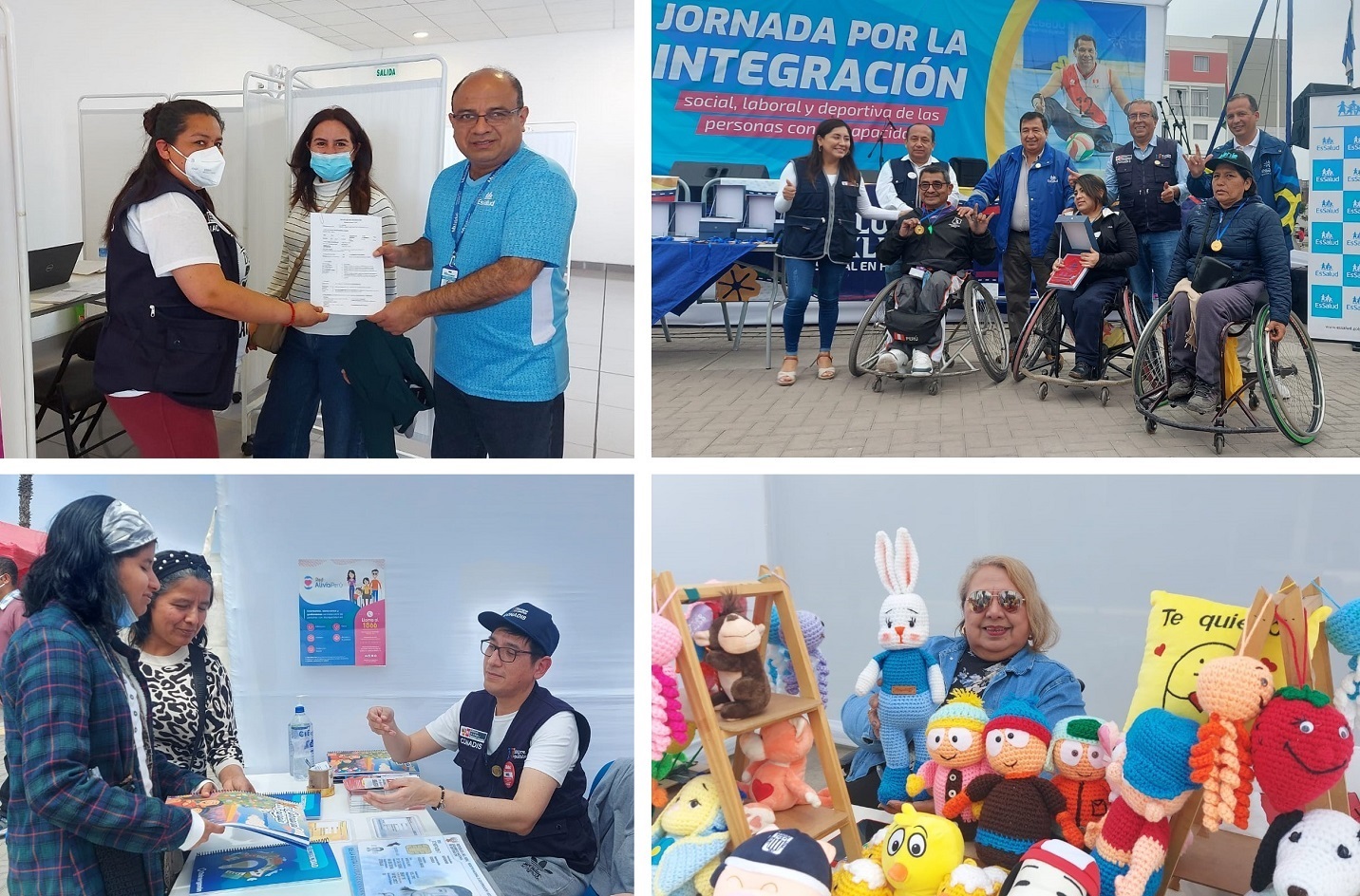En la imagen se han unido 4 fotos como le entrega del carnet, premiación, servicios de la Red Alivia y una emprendedora con discapacidad en la Sede de La Videna.