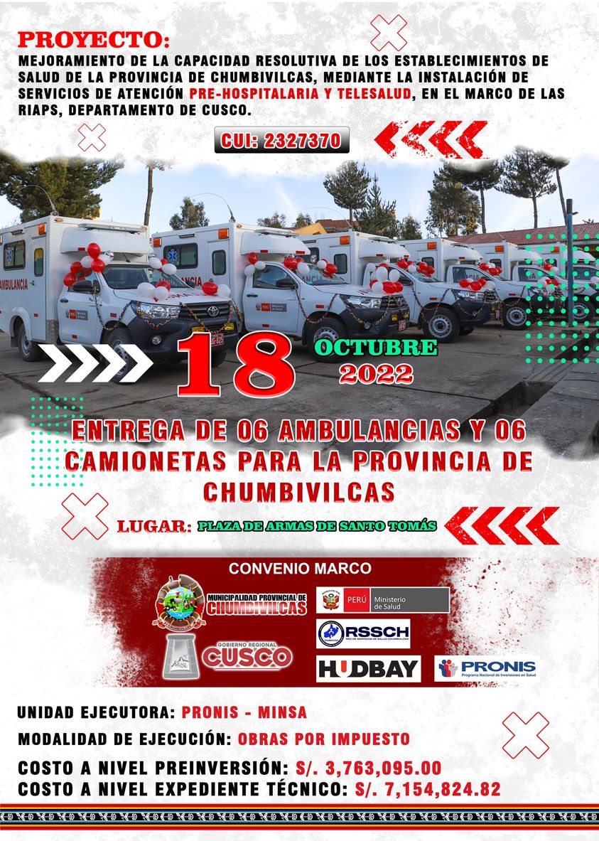 GRAN ENTREGA DE 6 AMBULANCIAS Y 6 CAMIONETAS PARA LA PROVINCIA DE CHUMBIVILCAS.
