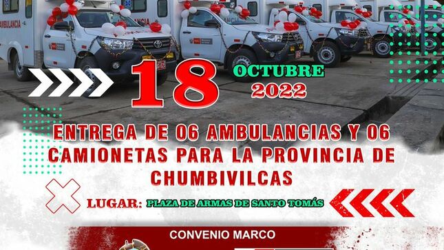GRAN ENTREGA DE 6 AMBULANCIAS Y 6 CAMIONETAS PARA LA PROVINCIA DE CHUMBIVILCAS.