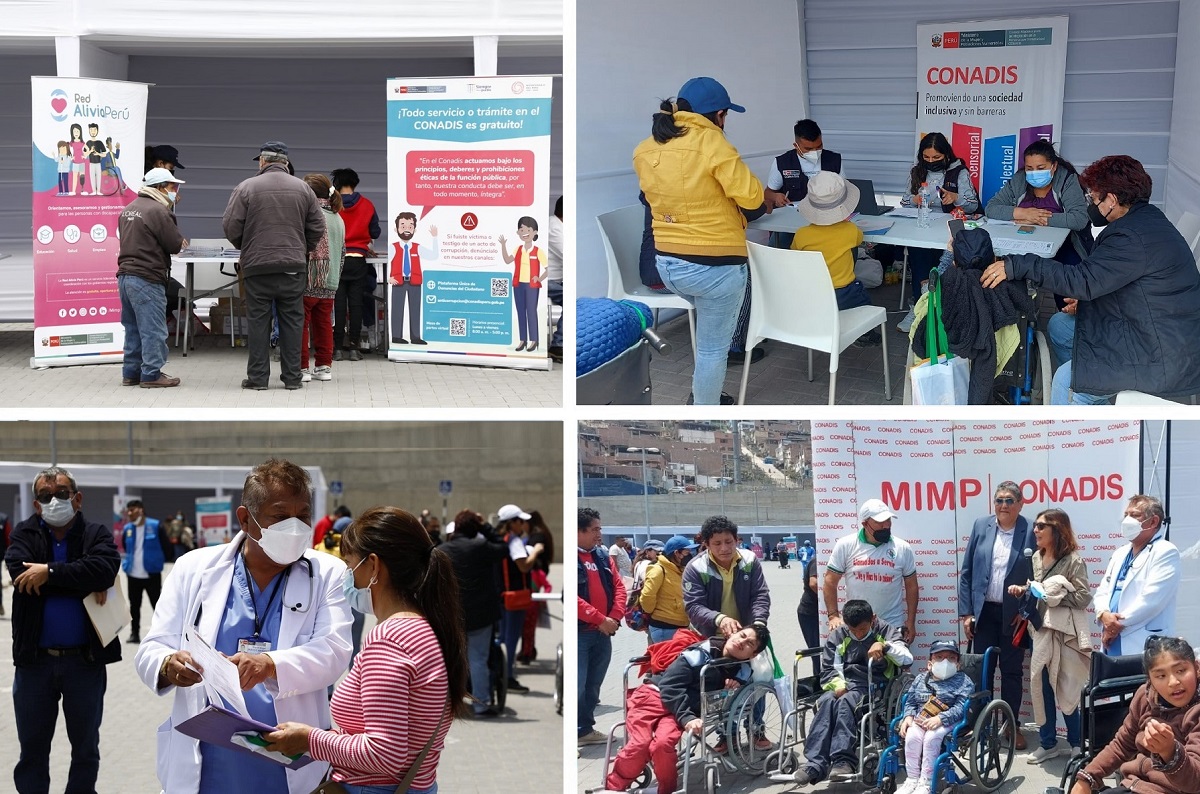 Grafica que ha unido 4 fotos de las actividades de la Campaña de Certificación y Feria Informativa realizada por el Consejo Nacional para la Integración de la Persona con Discapacidad (Conadis), 115 personas recibieron su Certificado de Discapacidad, gracias al apoyo de los médicos especialista de la Dirección de Redes Integradas de Salud-DIRIS Lima Sur.