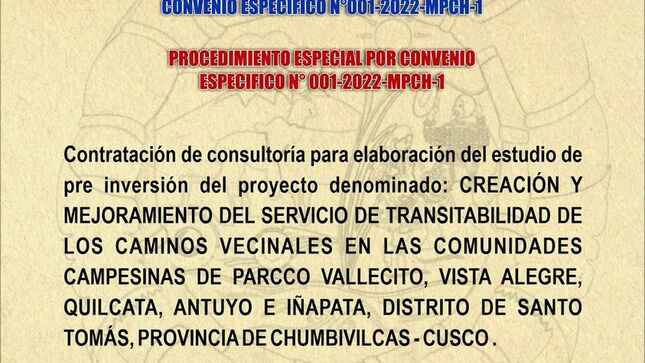 Procedimiento especial por convenio especifico n° 001-2022-mpch-1.