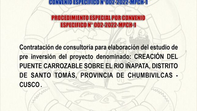 PROCEDIMIENTO ESPECIAL POR CONVENIO ESPECIFICO N° 002-2022-MPCH-1.
