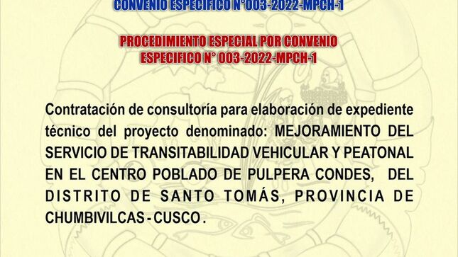 PROCEDIMIENTO ESPECIAL POR CONVENIO ESPECIFICO N° 003-2022-MPCH-1.
