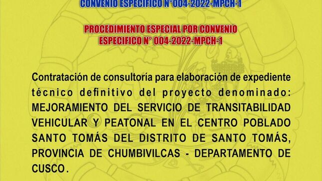 PROCEDIMIENTO ESPECIAL POR CONVENIO ESPECIFICO N° 004-2022-MPCH-1.