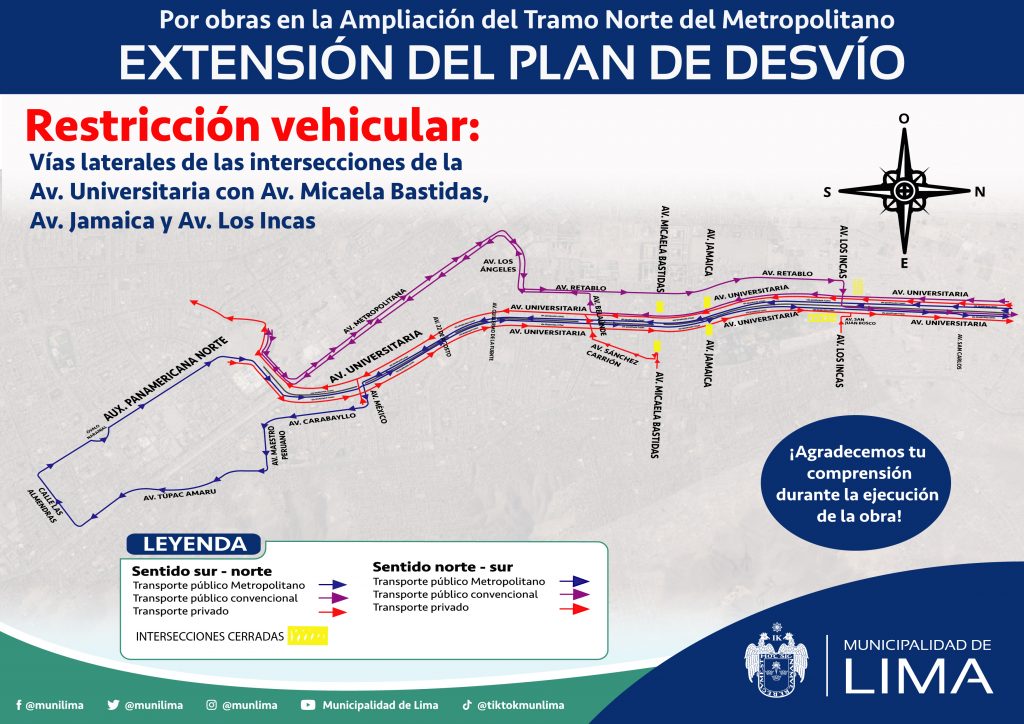 Mapa con señalización de los desvíos por los avances de obra de la ampliación del Metropolitano.