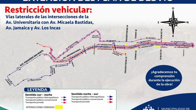 Mapa con señalización de los desvíos por los avances de obra de la ampliación del Metropolitano.