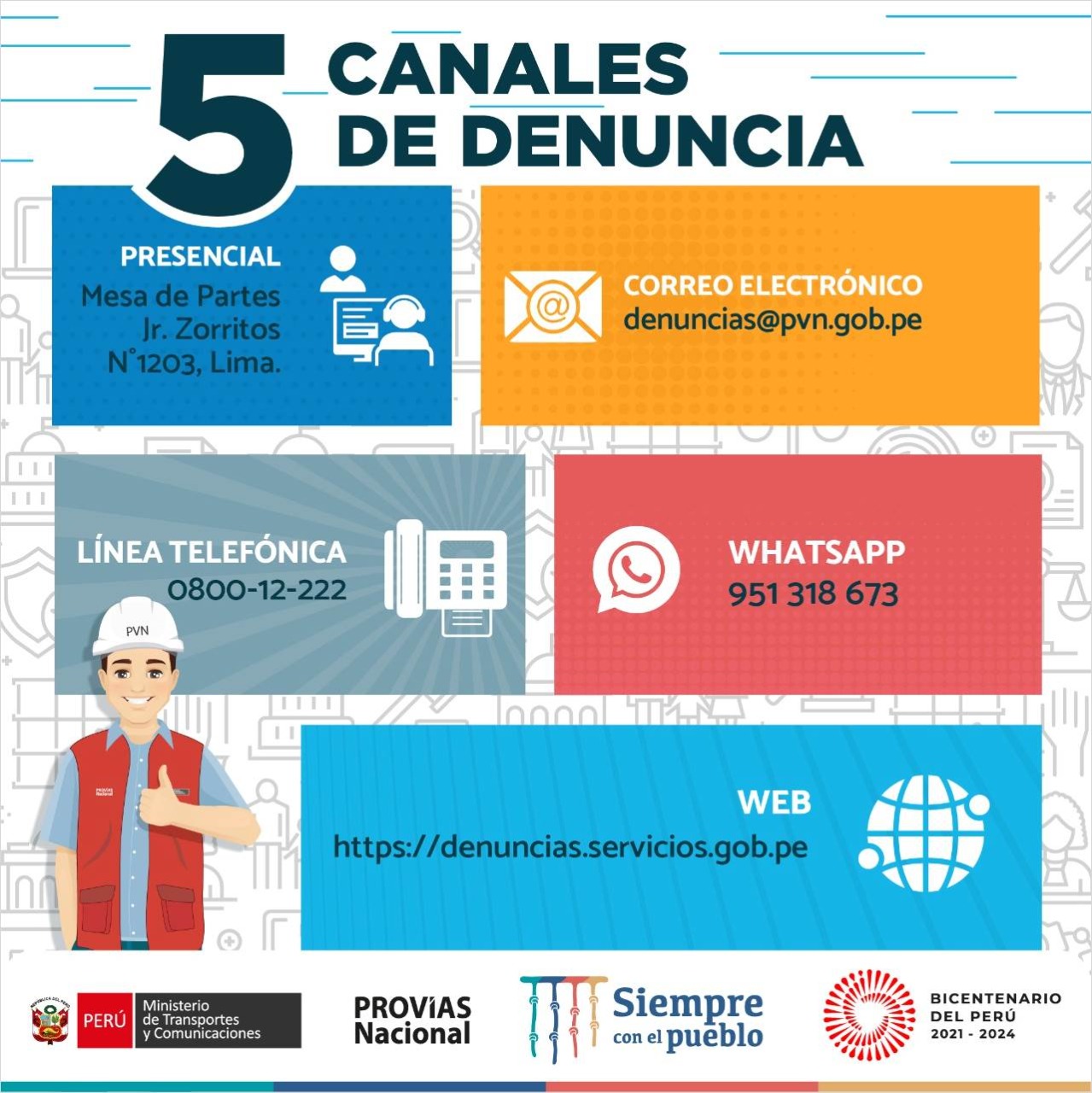 Provías Nacional dispone de cinco 5 canales a disposición de los ciudadanos o trabajadores de la entidad, para comunicar cualquier acto irregular o presunto delito de corrupción, garantizándose la reserva de su identidad y de ser el caso, podrán solicitar la aplicación de una medida de protección.