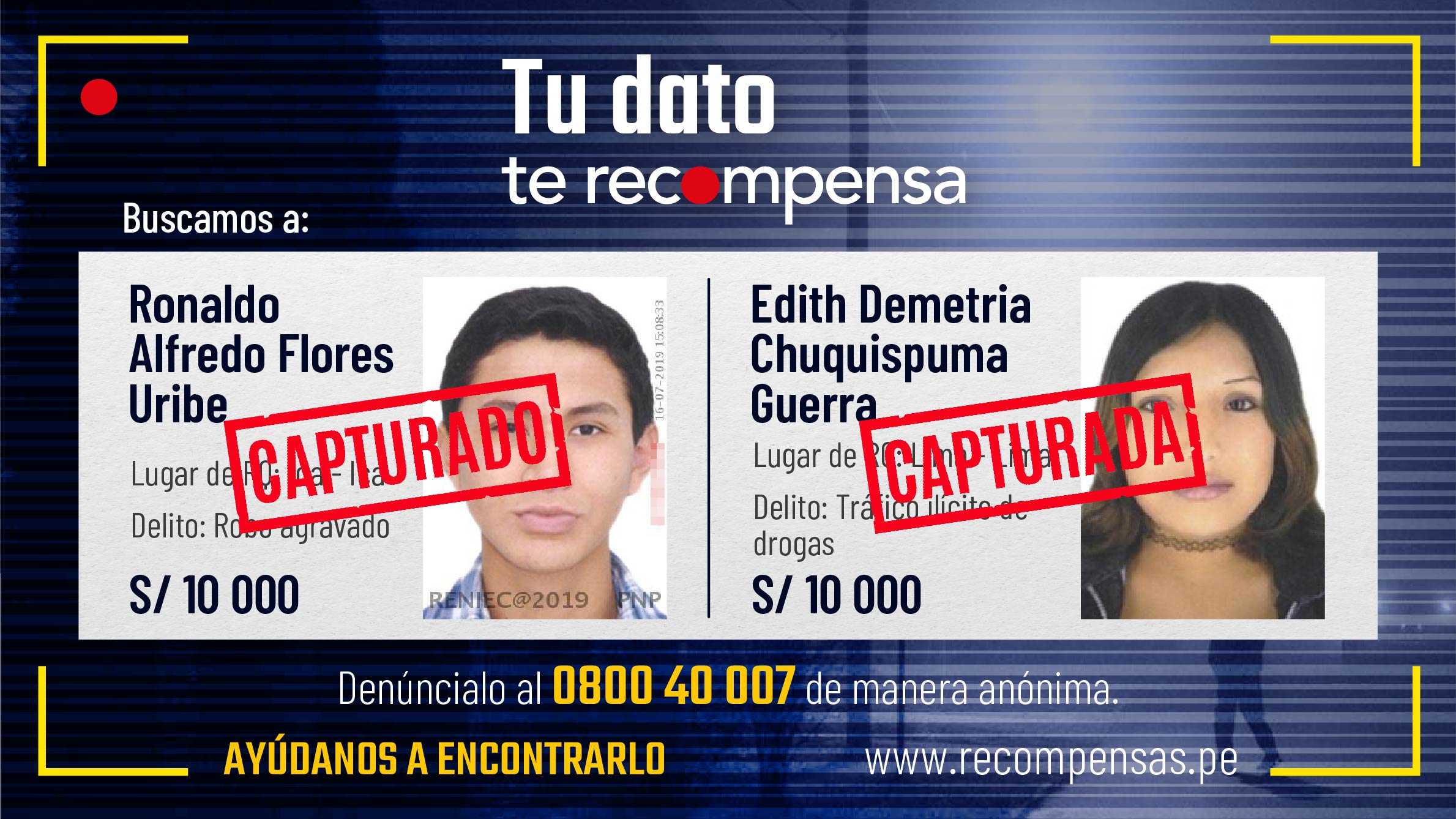 Dos nuevos prófugos del Programa de Recompensas fueron capturados por la PNP