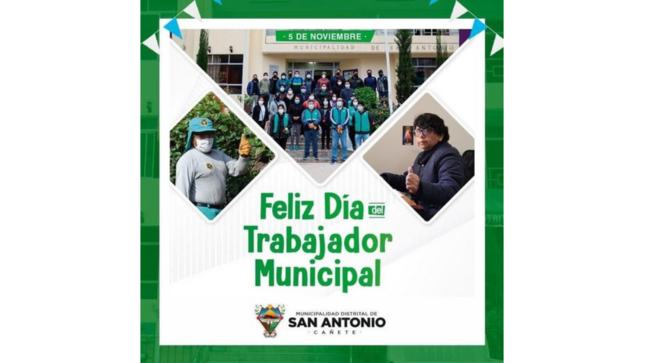 Hoy 5 de noviembre, se conmemora el Día del Trabajador Municipal, por ello queremos saludar a todos los colaboradores que integran la gran familia municipal de San Antonio y agradecemos porque día a día se esfuerzan para brindar servicios de calidad a todos los vecinos del distrito. 