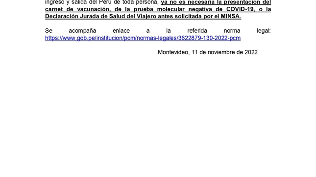 COM 41 ACTUALIZACIÓN SOBRE REQUISITOS DE INGRESO Y SALIDA DEL PERU