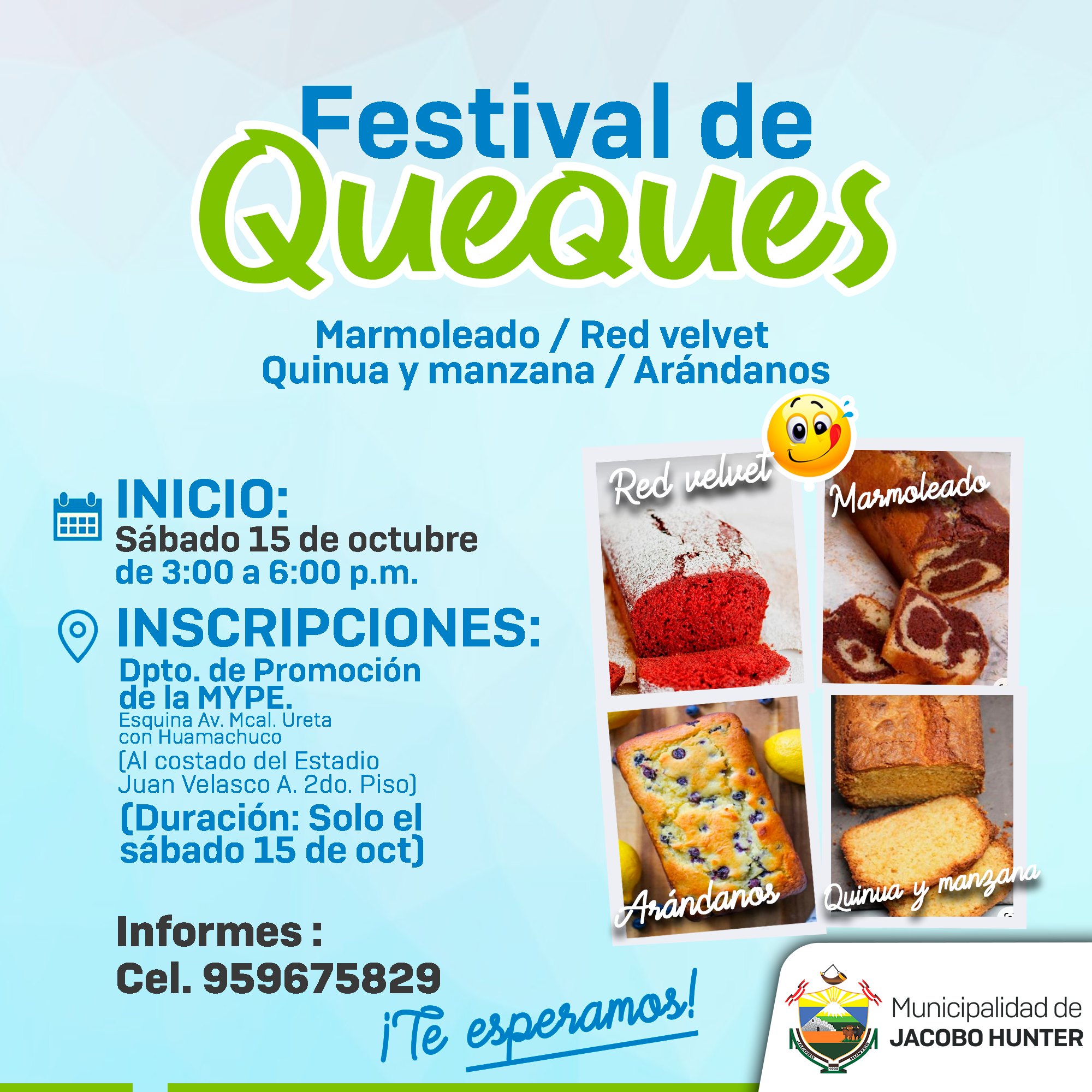 Aprende y diviértete con los talleres productivos de la MYPE de Hunter
INSCRIPCIONES 📍 Dpto. de Promoción de la MYPE. (Esquina Av. Mcal. Ureta con Huamachuco a un costado del Estadio JVA. 2do. Piso)
📲Mayor Información llamar al Celular: 959675829