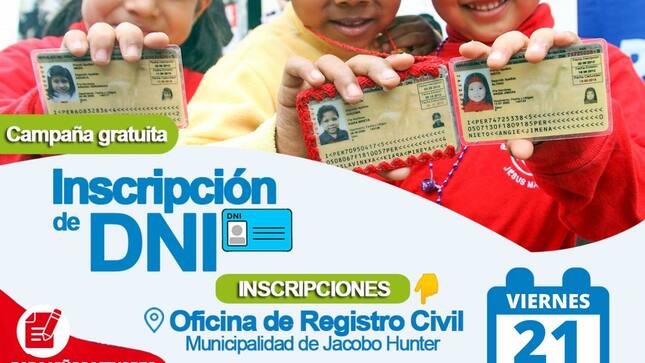¡Campaña Gratuita de #Inscripción dé DNI dirigido para niños! 👇
📆Viernes, 21 de octubre
🕧De 8:45 a 1:00 p.m.
#Nota 📝 | No olvides traer el acta de Nacimiento y DNI de los padres.