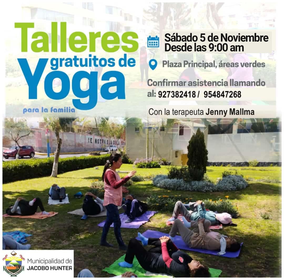 Talleres #Gratuitos de yoga! 🧘♀️
En un espacio al Aire Libre, te invitamos a practicar Yoga, les ayudará a la concentración, equilibrio, calmar la ansiedad, respirar mejor y más.💪🏼
📆 Sábado 05 de noviembre
🕘 9:00 a.m
📍Plaza principal del distrito / áreas verdes
✅Inscripciones limitadas: llamando al 927382418