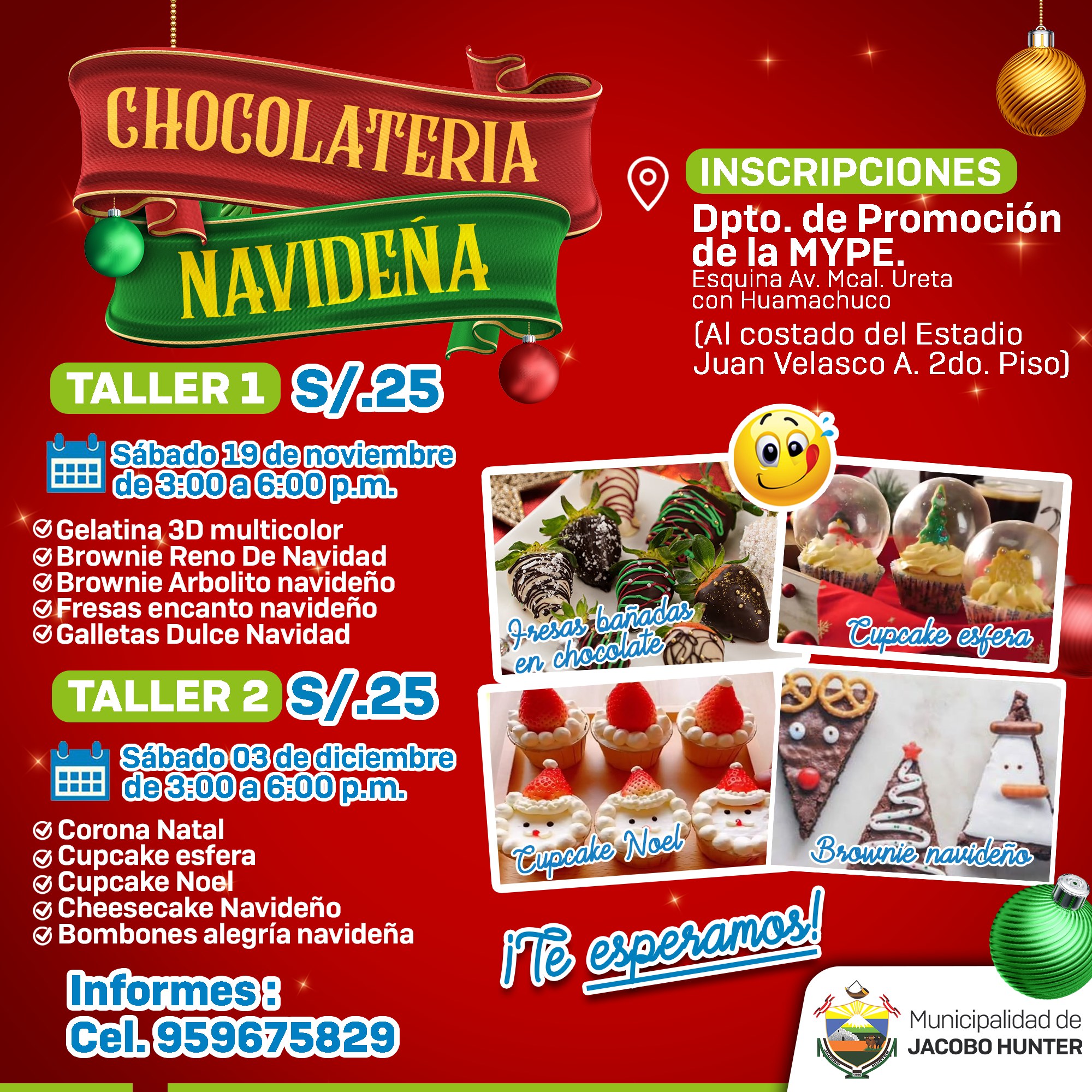 ¡Aprende y diviértete con los talleres productivos de la MYPE de Hunter
INSCRIPCIONES 📍 Dpto. de Promoción de la MYPE. (Esquina Av. Mcal. Ureta con Huamachuco a un costado del Estadio JVA. 2do. Piso)
📲 Mayor información llamando Celular: 959675829