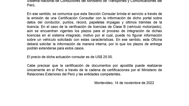 Información sobre Certficación de Licencias de Conducir de Vehículos Automotores y Motorizados