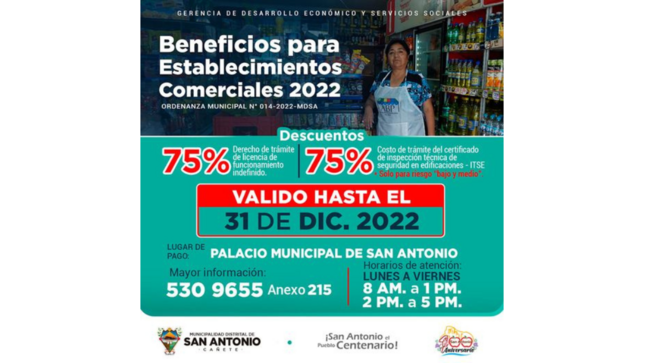 La Municipalidad Distrital de San Antonio a través de la Gerencia de Desarrollo Económico y Servicios Sociales y la Sub Gerencia de Gestión de Riesgos de Desastres, buscan promover la formalidad de los establecimientos comerciales del distrito. 