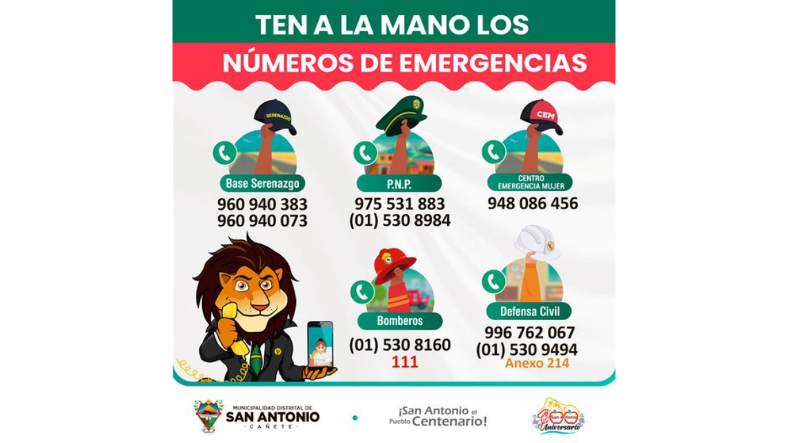 Vecino, ante cualquier emergencia, puedes llamar a nuestra central de comunicaciones, te dejamos los números telefónicos de las diferentes bases de Serenazgo, comisaría, bomberos y centro de salud.