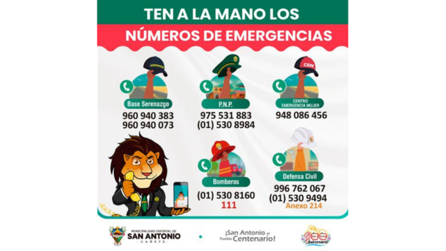 Vecino, ante cualquier emergencia, puedes llamar a nuestra central de comunicaciones, te dejamos los números telefónicos de las diferentes bases de Serenazgo, comisaría, bomberos y centro de salud.