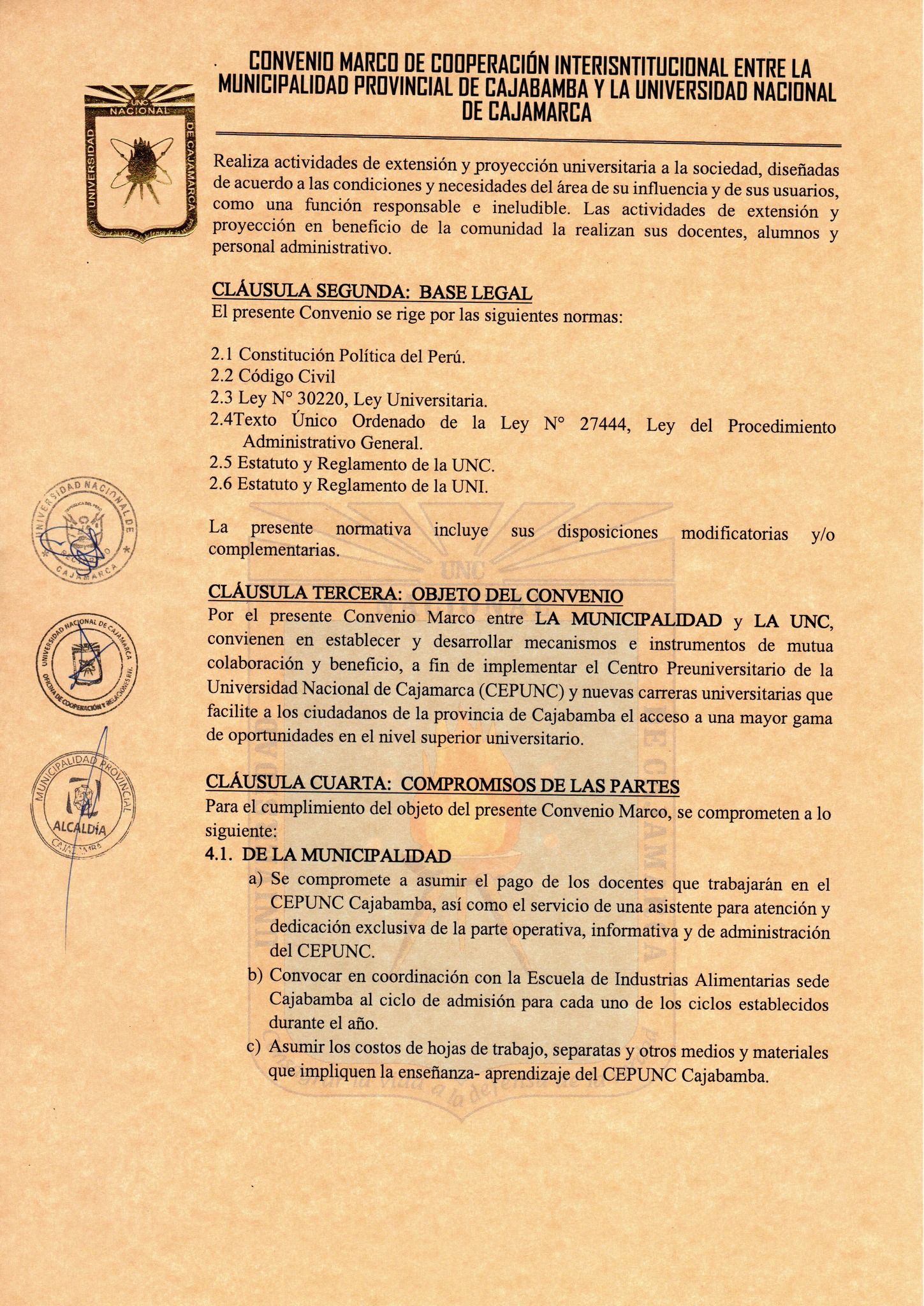 Se firma convenio para implementar la CEPUNC Sede Cajabamba