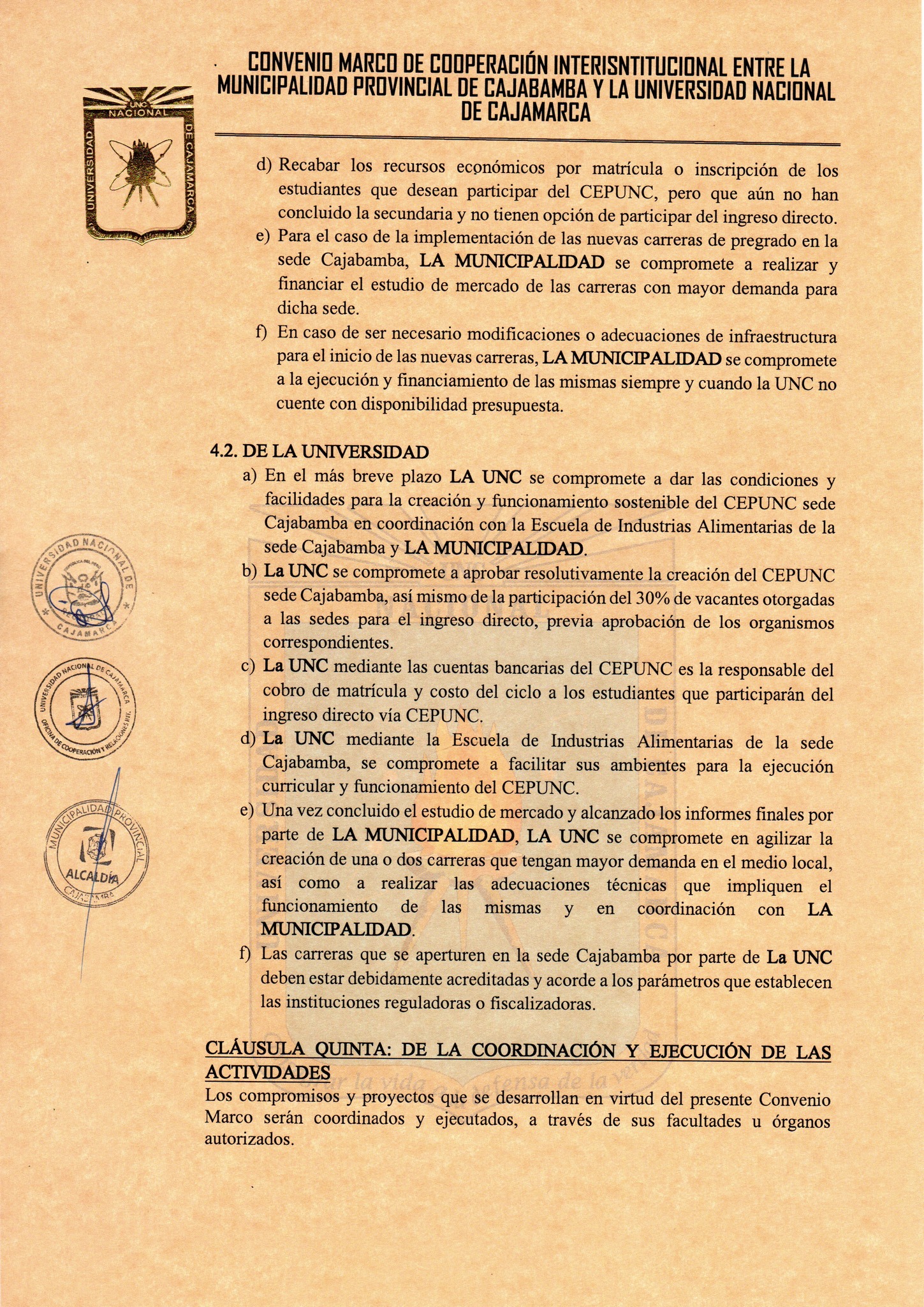 Se firma convenio para implementar la CEPUNC Sede Cajabamba