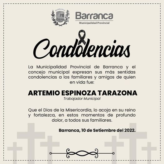 Entidad edil expresa sus condolencias a familiares de Artemio Tarazona Espinoza