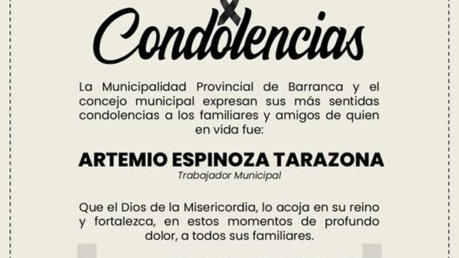 Entidad edil expresa sus condolencias a familiares de Artemio Tarazona Espinoza