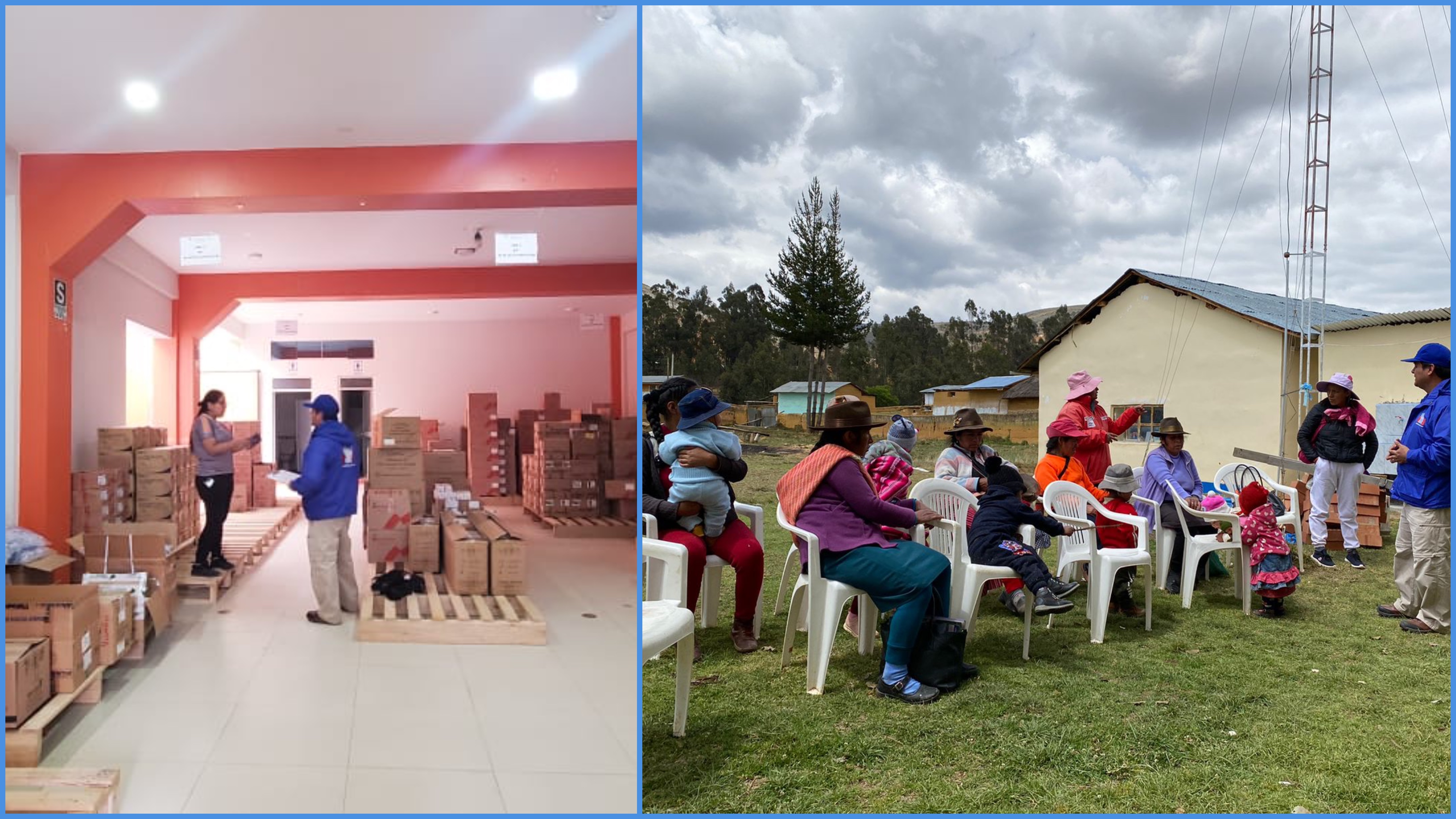Fotos de almacén de medicinas y un comisionado con pobladoras