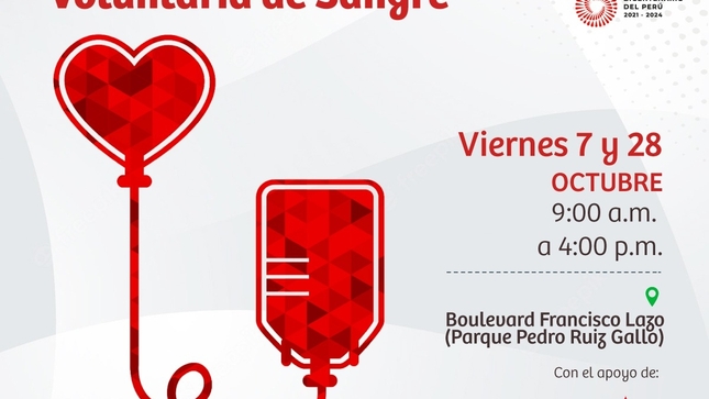 Este 07 y 28 de octubre, únete a la gran campaña de donación de sangre que la Municipalidad de Lince realizará en coordinación con la Asociación Peruana de Donantes de Sangre.
 
Esta campaña voluntaria tiene como objetivo concientizar a los vecinos de Lince sobre la importancia de la solidaridad y empatía con el prójimo en beneficio de su salud. 
 
Este evento solidario se realizará en el boulevard Francisco Lazo, entre las 9:00 a.m. y 4:00 p.m.

Los posibles donantes deberán cumplir con los siguientes requisitos: 
Gozar de buena salud.
Tener entre 18 y 65 años, hombres y/o mujeres.
Pesar más de 50 kilos.
Venir tomando desayuno o almuerzo ligero (no grasas) y tomando líquido (1/2 litro aproximadamente).
No haberse realizado tatuajes o perforaciones en los últimos meses.
No haber tenido hepatitis b, hepatitis c, sífilis o prueba positiva de VIH.