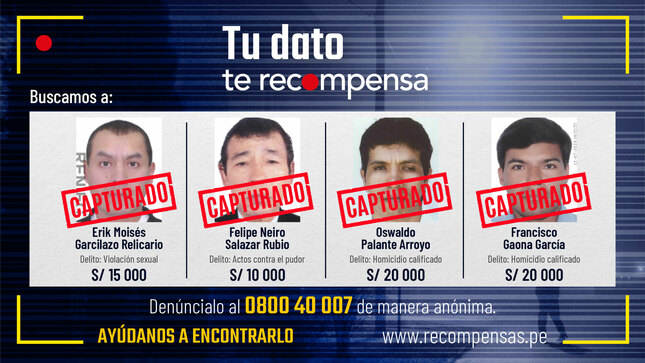 Policía Nacional captura a cuatro prófugos incluidos en la “Lista de los más buscados”