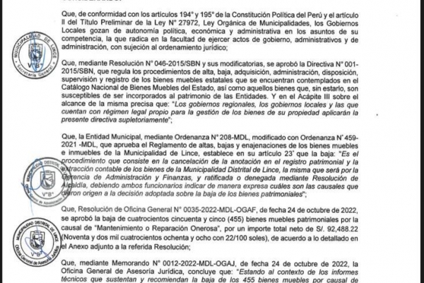 Según Resolución de Alcaldía 135-2022-MDL, la Municipalidad de Lince a través de la Oficina de Logística y Control Patrimonial, da de baja 455 bienes muebles patrimoniales por la causal de “Mantenimiento o Reparación Onerosa”.
Esta medida establecida por el municipio, se ejecuta en marco a la Directiva N°001-2015-SBN, que regula el procedimiento de alta y baja de bienes estatales.
Para más información:
Resolución de alcaldía: https://www.munilince.gob.pe/sites/default/files/boletin_informativo/res...
Resolución de la Oficina General y Relación de Bienes:https://www.munilince.gob.pe/sites/default/files/boletin_informativo/web...