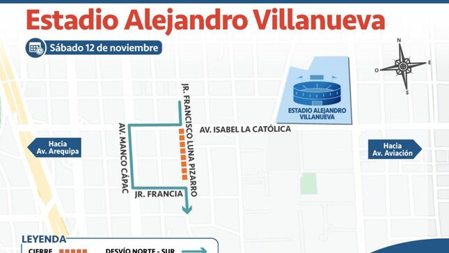 Mapa de plan de desvío en alrededores del estadio Alejandro Villanueva.