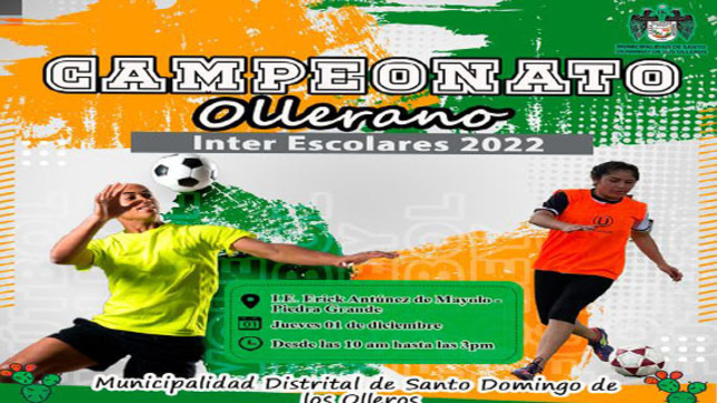 Impulsando el deporte en los jóvenes olleranos la gestión actual realizará la segunda y última fecha del Campeonato Ollerano Inter Escolar 2022, el mismo que se desarrollará