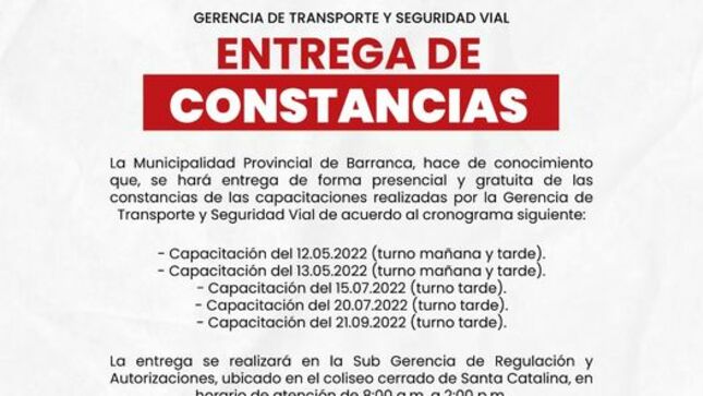 Gerencia de Transporte hará entrega de constancias de capacitación
