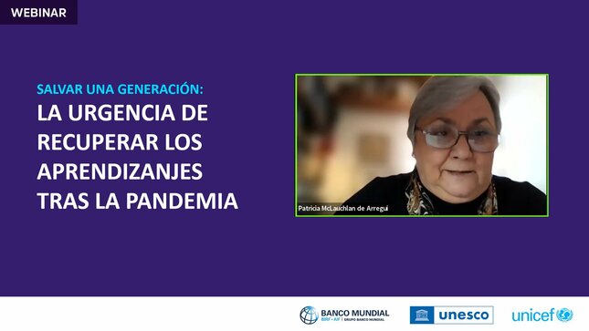 La vicepresidenta del CNE, Patricia Arregui, participó como panelista en el webinar “Salvar a una generación: La urgencia de recuperar los aprendizajes tras la pandemia”, organizado por el Banco Mundial, Unesco y Unicef. 